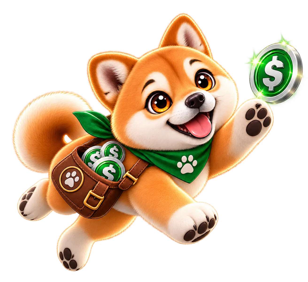 The smiling Dollar Collector puppy runs forward with his coin satchel