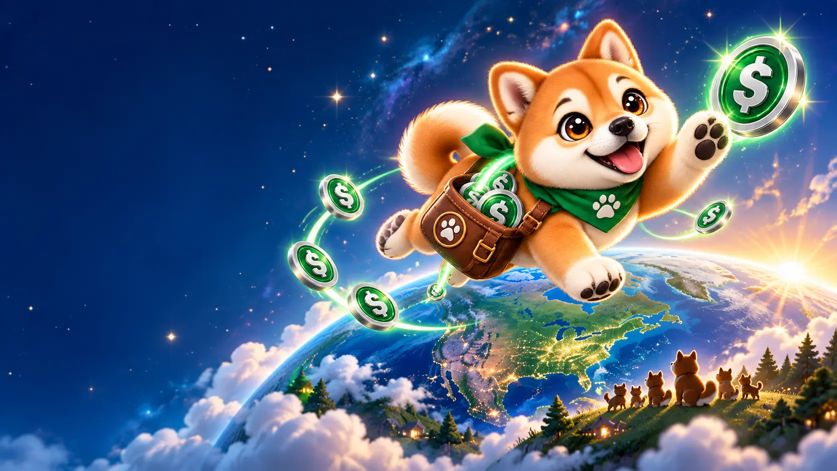 A joyful Shiba puppy travels around Earth collecting digital dollar coins