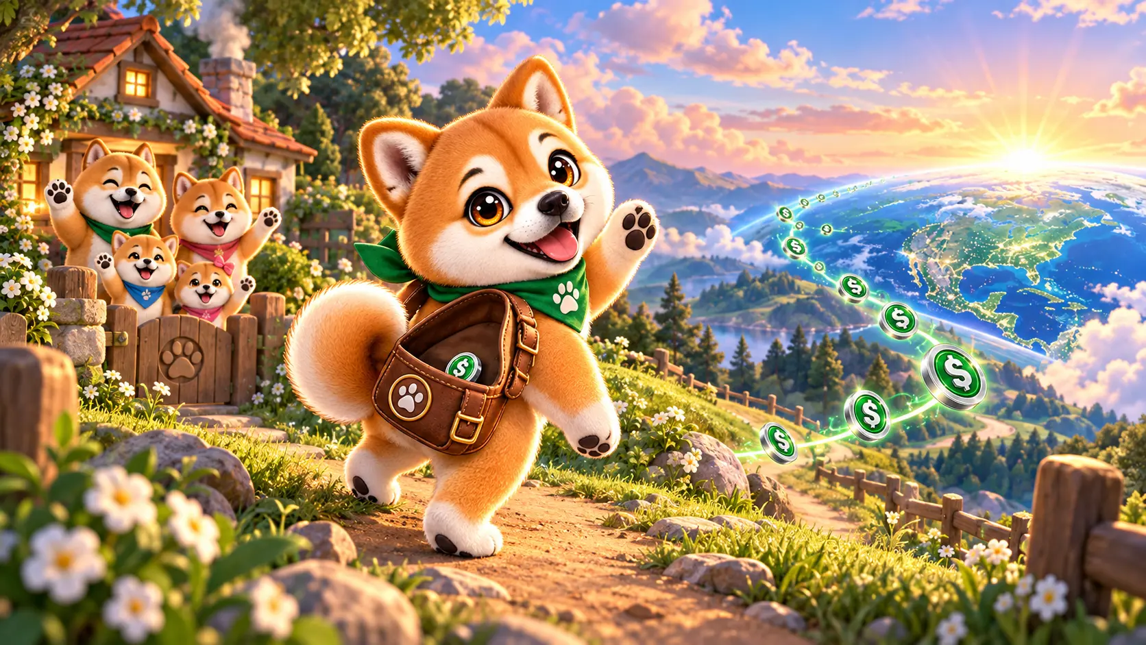 The Shiba waves goodbye to his family and begins his journey with an almost-empty satchel